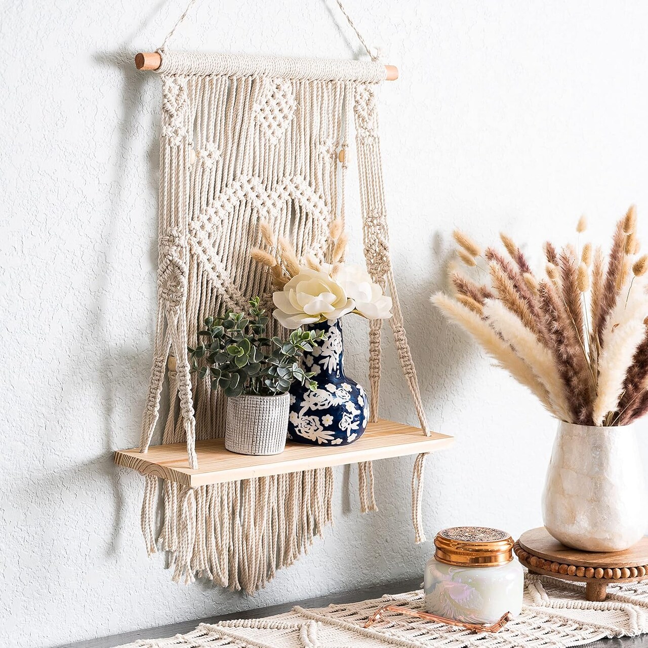 Macrame Wall Hanging Shelf - Tier Wall Shelves with Handmade Woven Rope - Boho Shelves Organizer Hanger for Kitchen, Bathroom, Home Storage, Floating Indoor Plant Wall Shelf (1 Tier)